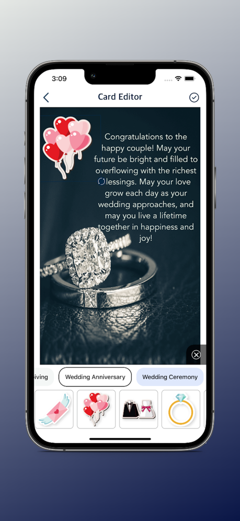 Quotes Maker Photo Editor App - iPhone screen showing the Quotes Maker app card editor with a wedding ring background and congratulatory text