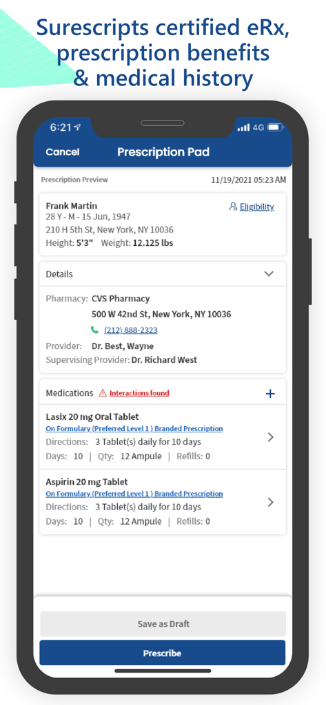 Avalon EMR - Avalon EMR app prescription pad screen showing patient details and medications