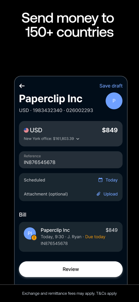 Revolut Business app interface showing an international payment of 849 USD to Paperclip Inc