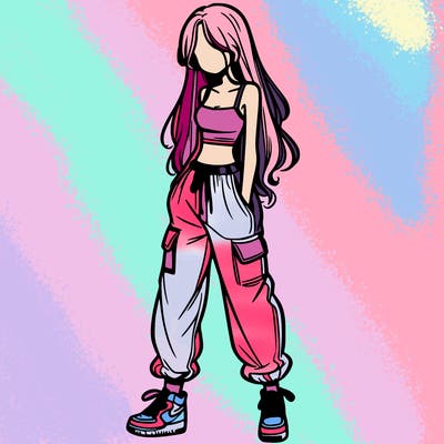 girl in baggy pants crop top and long hair
