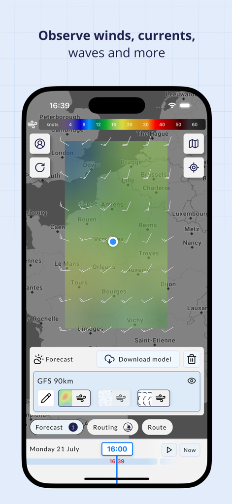 Interface de l'application mobile Squid affichant une carte détaillée des prévisions de vent marin avec des superpositions de barbes de vent et de vitesse.