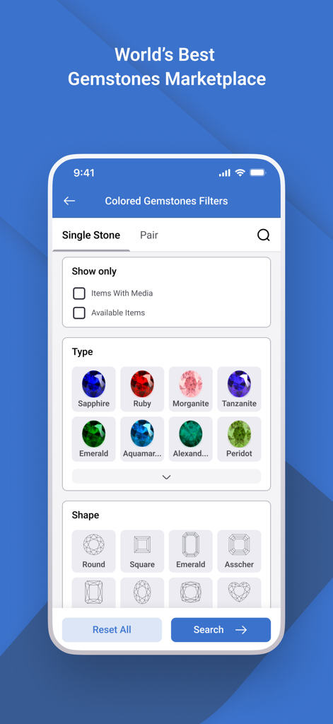 VDB - Virtual Diamond Boutique - Interface for filtering colored gemstones by type and shape on the Virtual Diamond Boutique app