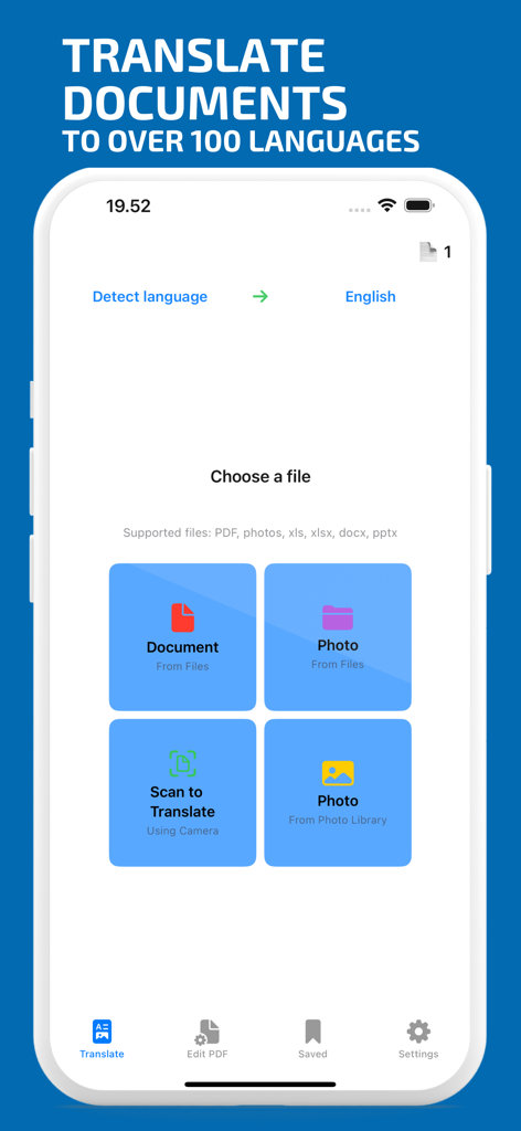 PDF Translator: Translate - Interfaz de la aplicación Traductor PDF que muestra opciones para seleccionar documentos, fotos o escanear para traducir a múltiples idiomas.