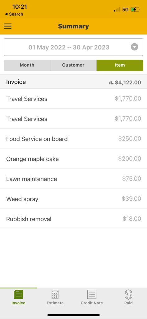 Invoice Bee Estimate Maker 2Go - A summary screen in the Invoice Bee app displaying a list of invoiced services and total income by item.