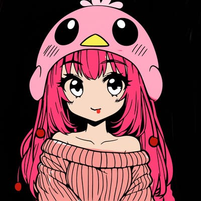 anime girl with chick shaped hat with sweater with bare shoulders with bangs covering them one eye with low tail