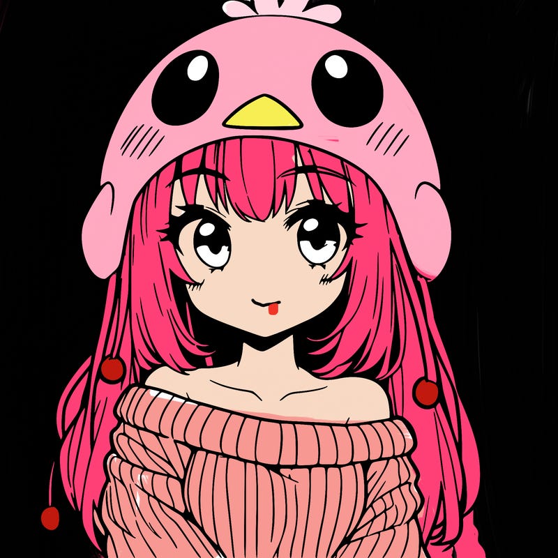 anime girl with chick shaped hat with sweater with bare shoulders with bangs covering them one eye with low tail