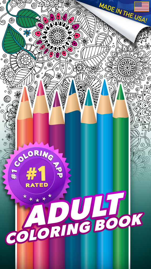 Adult Coloring Book - Coloring Book for Adults - Promotional screenshot for Adult Coloring Book app showing a number one rated badge and colored pencils against floral patterns.