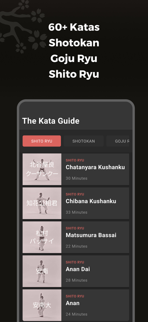 Dojo Athletics - Una biblioteca de más de 60 katas de karate en la aplicación Dojo Athletics que muestra estilos Shito Ryu Shotokan y Goju Ryu