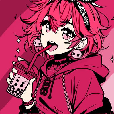 hot baddie anime girl drinking boba and biting the straw