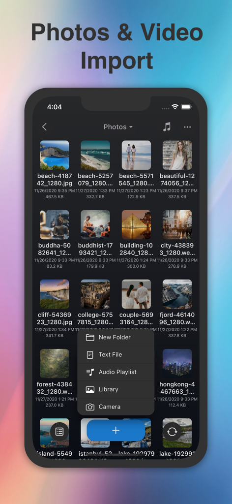 Phone Drive Pro: File Sync - Phone Drive Pro app interface showing the photos and video import screen with a grid of media files and a menu for creating new folders and files