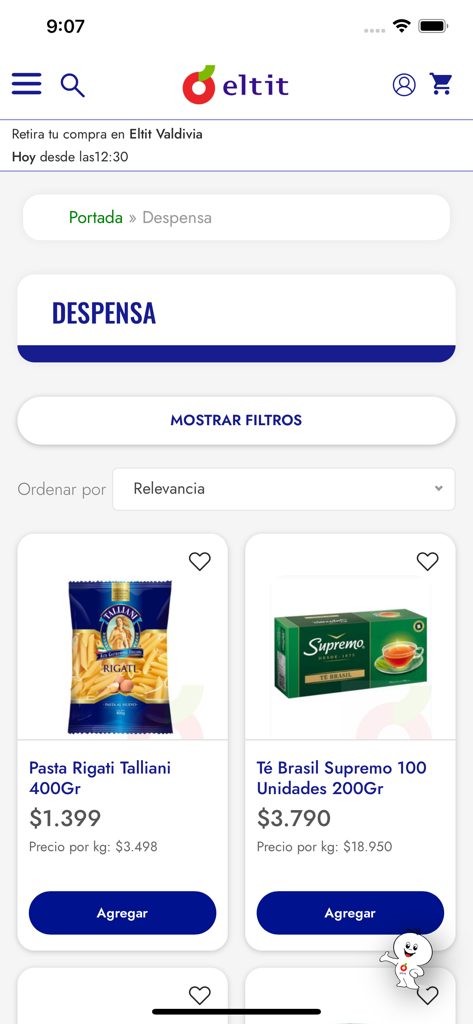 Mobile screen of the Eltit app displaying grocery items in the pantry category including pasta and tea with prices and add to cart buttons.