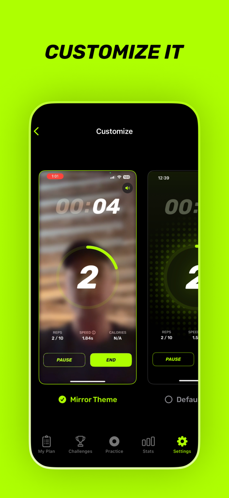 Puuush app interface showing customization options for the push up tracker workout screen