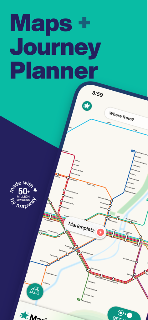 Interfaz de la aplicación Munich Metro mostrando un mapa de transporte detallado con la estación Marienplatz resaltada y una barra de búsqueda del planificador de viajes.