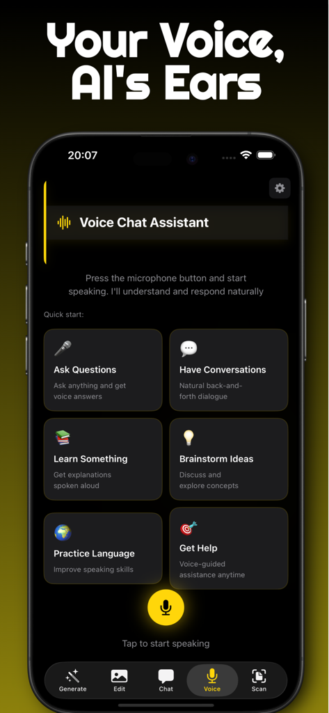 Vidnoz AI Image Generator - Interfaz de la aplicación Vidnoz AI mostrando la pantalla del Asistente de Chat de Voz con opciones para hacer preguntas, generar ideas y practicar idiomas