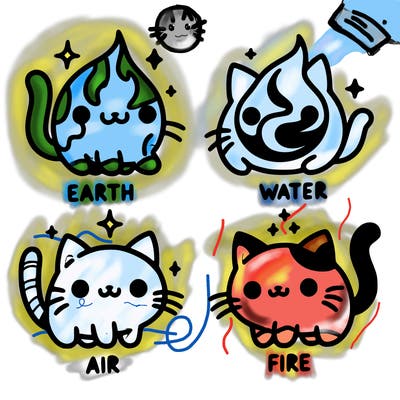 4 cats that represent the different elements, earth, water, air, and fire