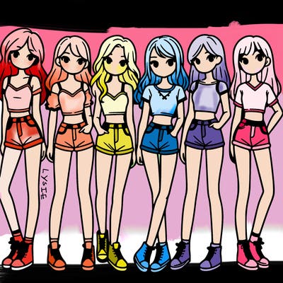 a group of girls wearing crop tops and shorts