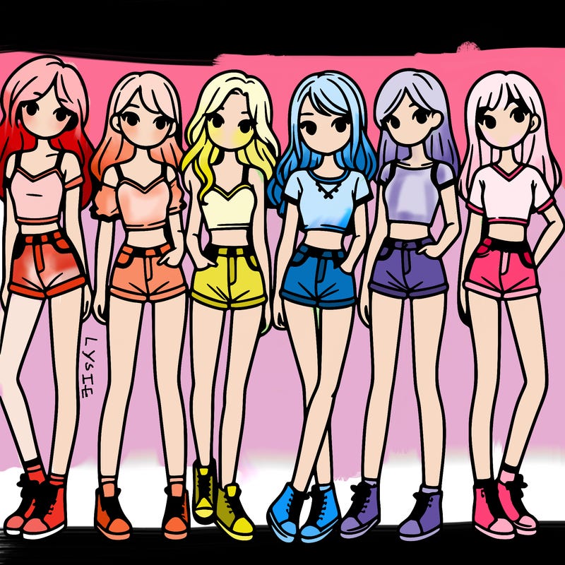 a group of girls wearing crop tops and shorts