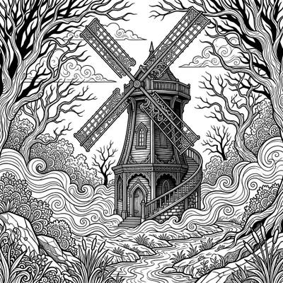 Discover an intricately detailed gothic drainage windmill set amidst a mysterious, ornate landscape. This captivating coloring page invites you to bring its Victorian elegance and dramatic atmosphere to life with your unique color palette.