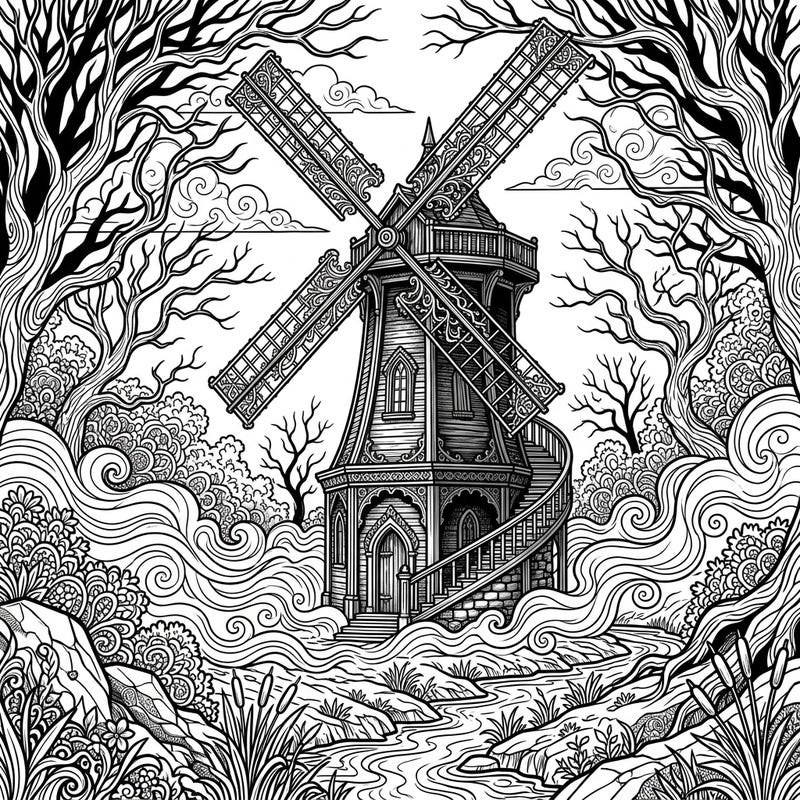 Discover an intricately detailed gothic drainage windmill set amidst a mysterious, ornate landscape. This captivating coloring page invites you to bring its Victorian elegance and dramatic atmosphere to life with your unique color palette.