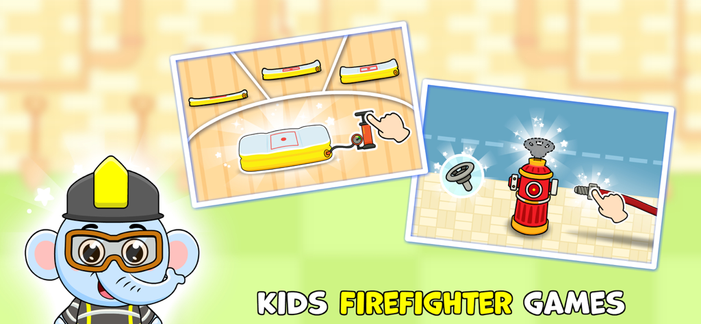 Toddler Educational Games - An elephant firefighter character alongside interactive fire rescue mini games for kids