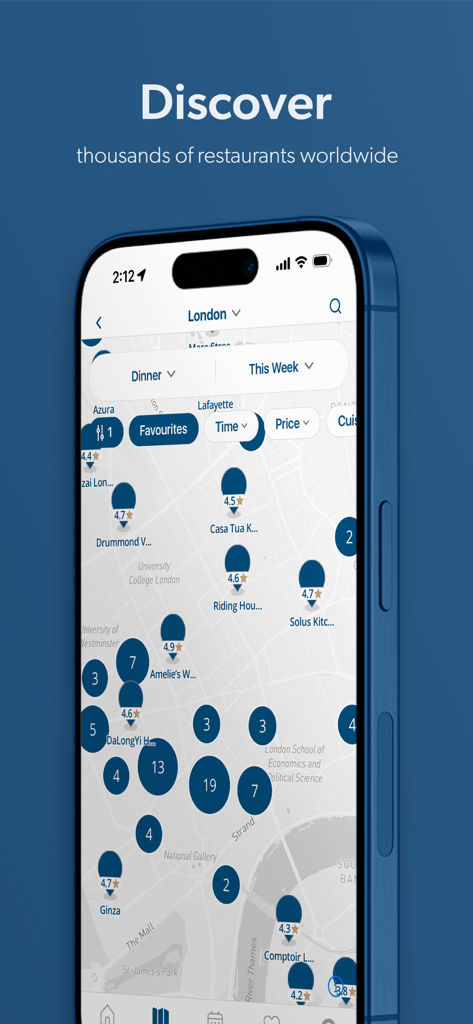 Map view of restaurants available for early dining discounts on the First Table app.