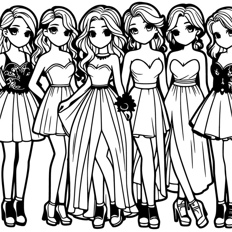group of six teenage girls in prom dresses