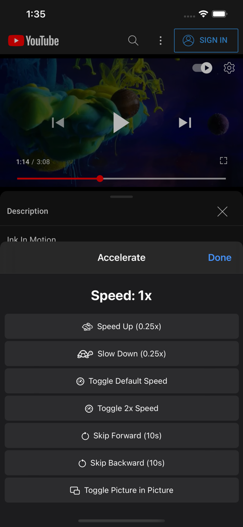 Accelerate for Safari - A mobile screenshot of the Accelerate for Safari extension showing video speed and playback options on a YouTube video.