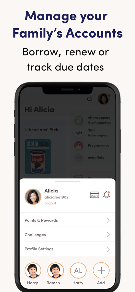 Managing family accounts and tracking borrowed items in the NLB Mobile app