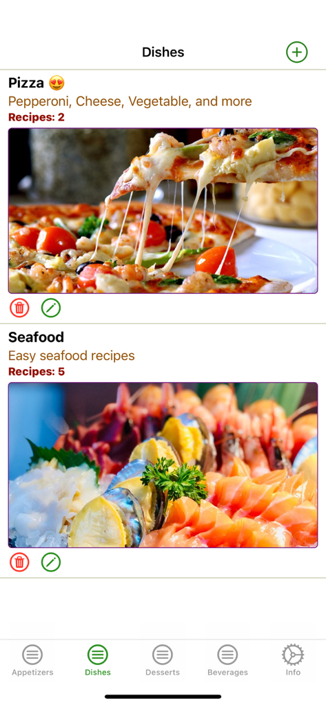 My Recipes: Create and Share - Ein Screenshot der Meine Rezepte App, der organisierte Gerichtkategorien für Pizza und Meeresfrüchte mit Rezeptanzahlen und Vorschaubildern anzeigt.