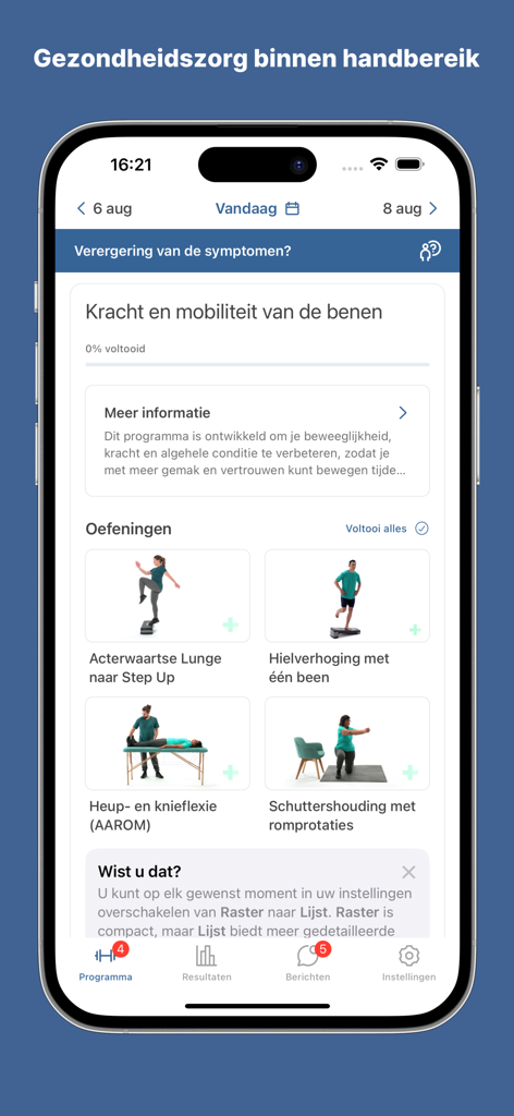 FBTO Online Fysio - Interfaz de la aplicación móvil Fisioterapia Online FBTO mostrando ejercicios de fisioterapia para fortalecer las piernas y mejorar la movilidad.