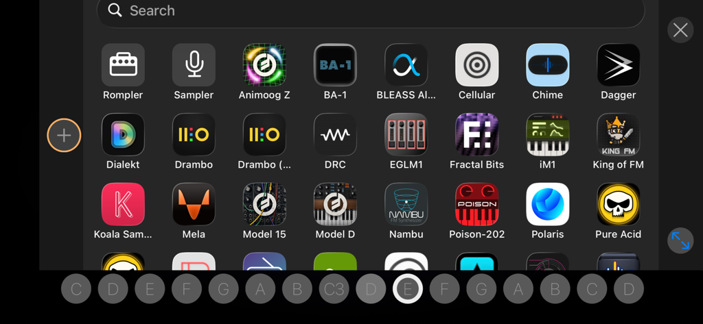Otoo - Interface de l'application Otoo montrant une grille d'instruments de musique AUv3 disponibles et un clavier virtuel
