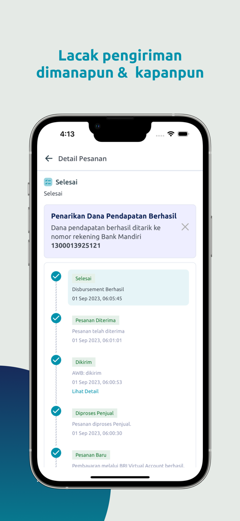 PaDi UMKM Seller - Mobile app interface showing order status tracking and a successful income withdrawal notification for MSME sellers