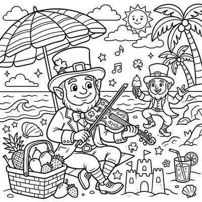 Get ready for a sun-soaked adventure with this delightful Leprechaun Fiddles summer beach coloring page! Join our musical leprechauns as they enjoy a day of tunes, treats, and sandy fun by the sea.