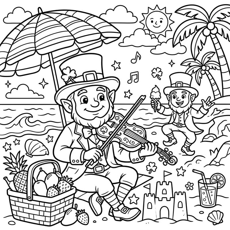 Get ready for a sun-soaked adventure with this delightful Leprechaun Fiddles summer beach coloring page! Join our musical leprechauns as they enjoy a day of tunes, treats, and sandy fun by the sea.