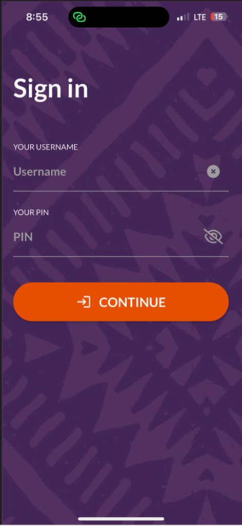 Écran de connexion de l'application Hollard Purple avec des champs pour le nom d'utilisateur et le code PIN sur un fond violet à motifs