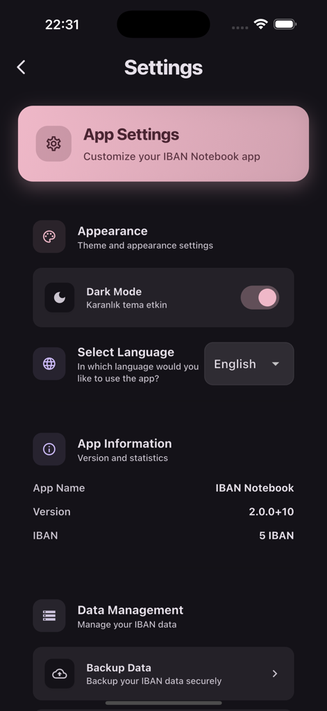 IBAN List - Menú de configuración de la aplicación Lista IBAN que muestra opciones de modo oscuro e idioma