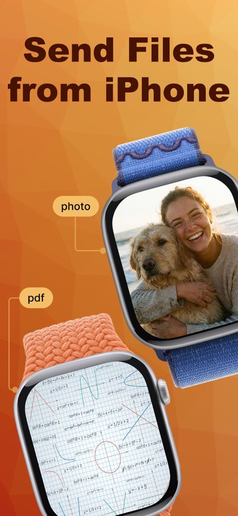 PDF Watch Viewer App by Watchy - Two Apple Watches displaying a photo of a woman with a dog and a PDF page with math formulas synced from an iPhone.