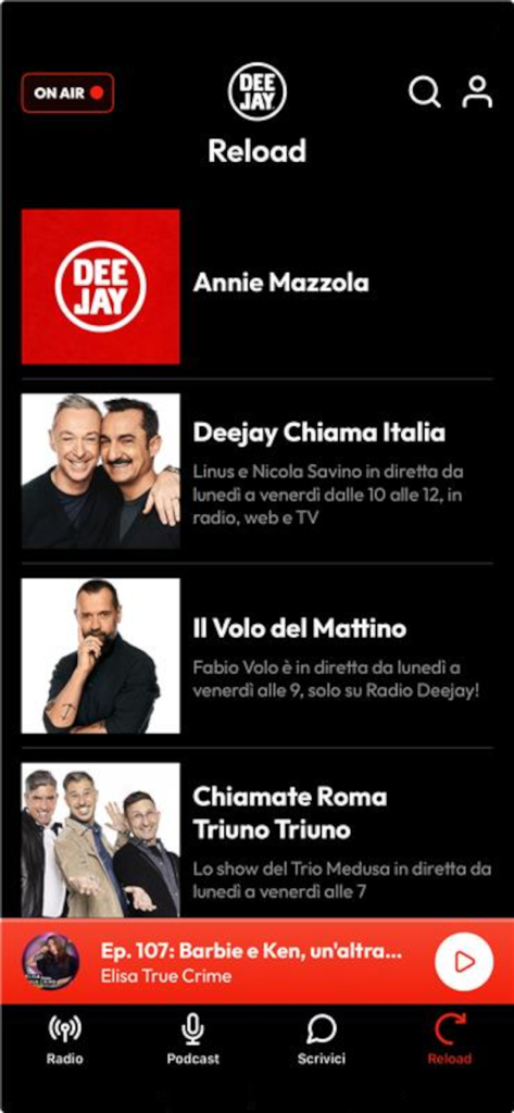Radio Deejay - Radio Deejay app screen showing a list of on-demand radio programs in the Reload section