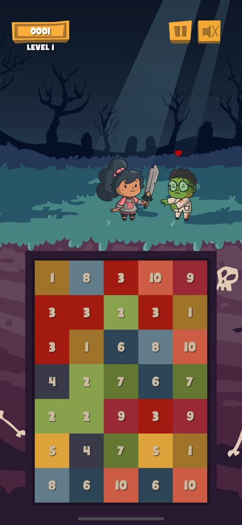 The Math Zombie - Gameplay screen of The Math Zombie showing a girl character facing a zombie and a grid of colorful numbered tiles