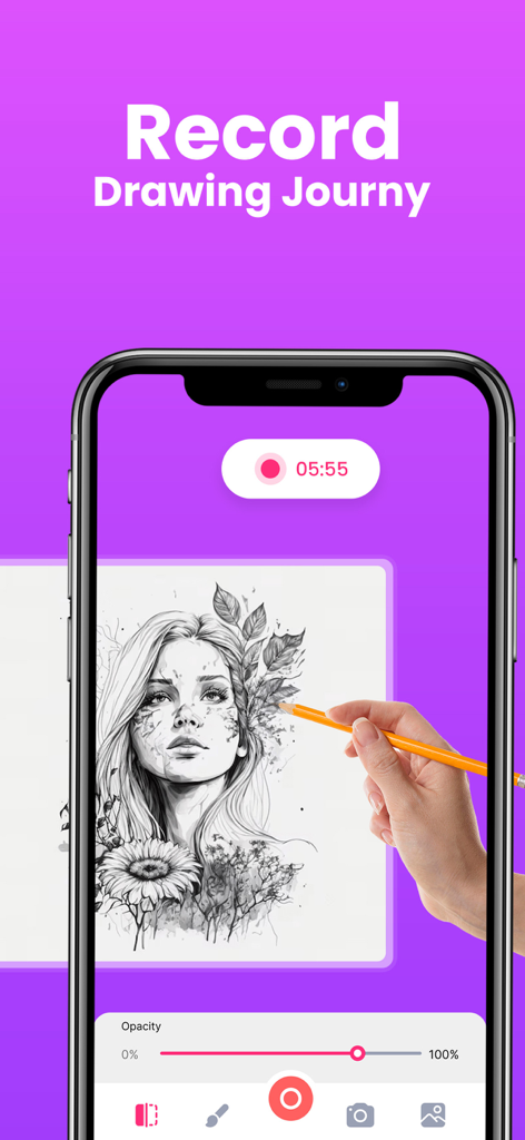 AR Draw Sketch Paint Trace - Interface of the AR Draw Sketch app showing a user recording their drawing process with a timer and opacity controls