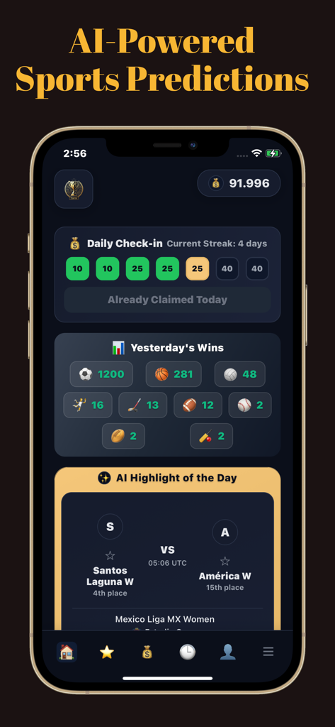 Interface of the Tsapou AI Sports Forecasts app featuring sports predictions and analysis dashboard