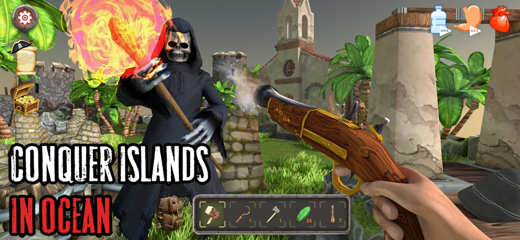 Shark Land: Desert Island - First person view of a player holding a pistol and facing a skeleton enemy on a tropical island