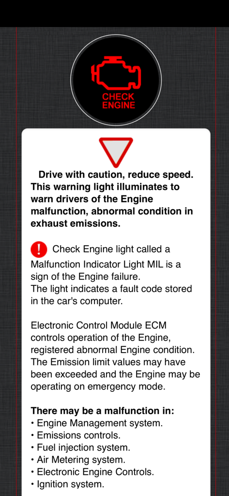 Land Rover Warning Lights Info - Screenshot der Land Rover App, der die "Check Engine"-Warnleuchte und mögliche Fehlfunktionen erklärt
