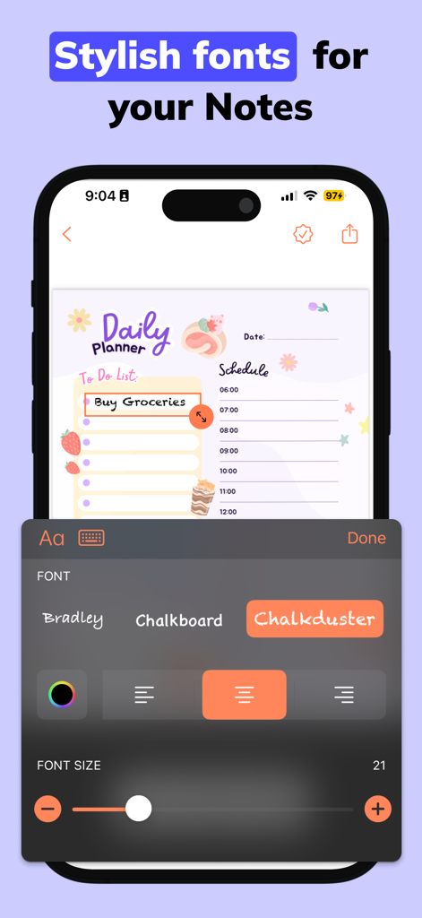 Daily Planners Organizer Todo - Una pantalla de iPhone que muestra herramientas de selección y tamaño de fuente sobre una plantilla de planificador diario con ilustraciones estéticas.