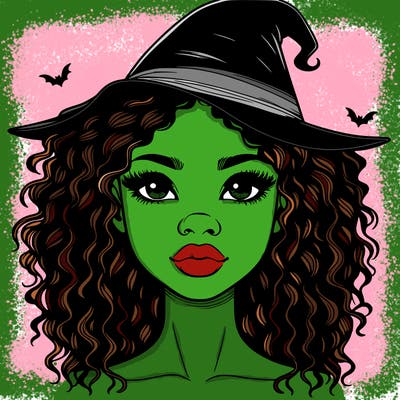 realistic black girl with wavy hair and witch hat and nose and lips