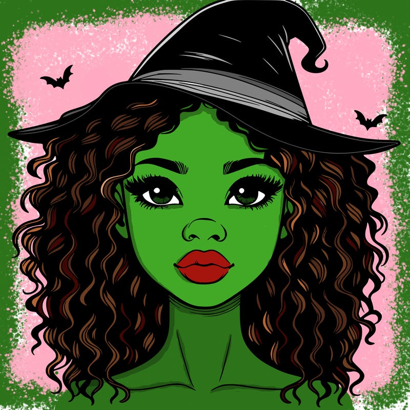 realistic black girl with wavy hair and witch hat and nose and lips