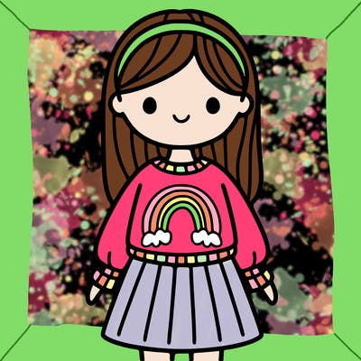 girl with a sweater on with a rainbow on it, she is wearing a skirt, she has waist length hair, with a plain headband