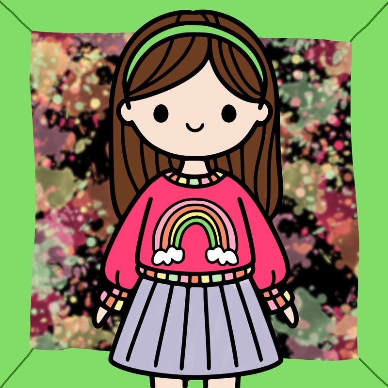 girl with a sweater on with a rainbow on it, she is wearing a skirt, she has waist length hair, with a plain headband