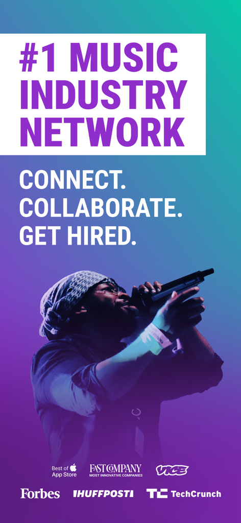 Vampr: #1 Musician Network. - Vampr Musikindustrie-Netzwerk Werbebild, das einen Musiker auf der Bühne zeigt, mit Text über das Vernetzen, Zusammenarbeiten und Gebuchtwerden