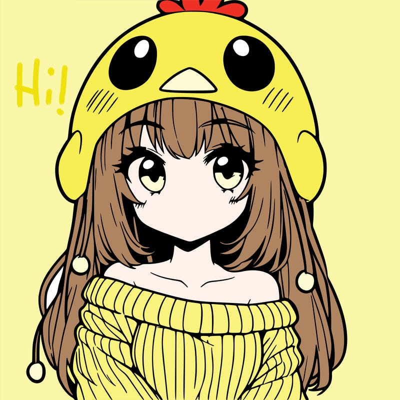anime girl with chick shaped hat with sweater with bare shoulders with bangs covering them one eye with low tail